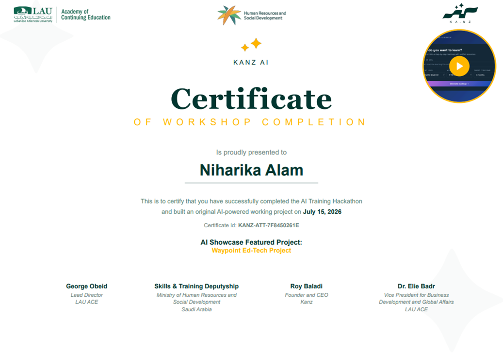Certificate of workshop completion at Kanz AI